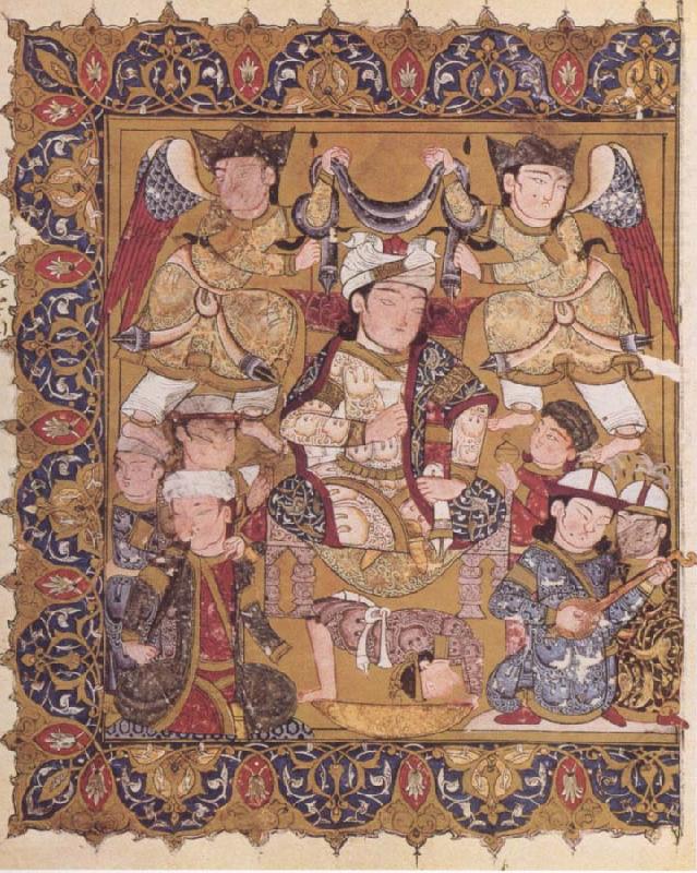 unknow artist Enthroned ruler beneath a scarf of victory upheld by angels and who himself holds both royal cup and royal white kerchief china oil painting image